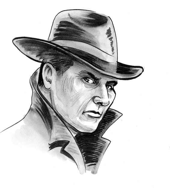 Gangster en costume et chapeau. Dessin noir et blanc à l'encre