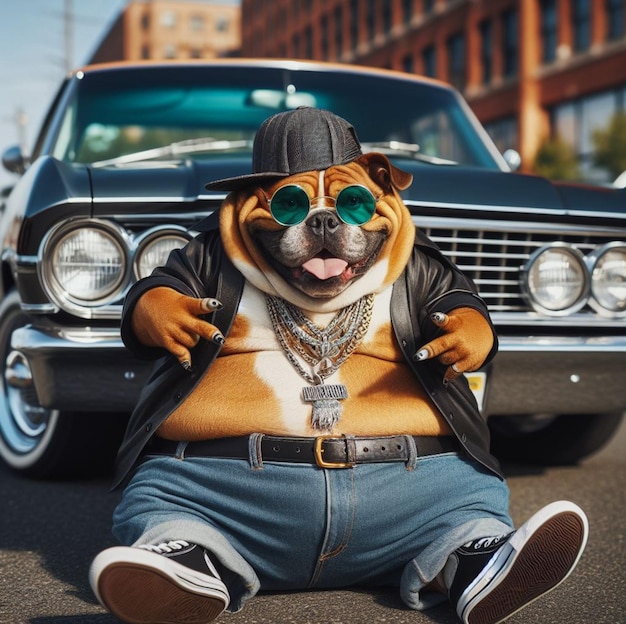 Photo un gangster hispanique cool, une taille plus grande, un chien à conduite, un lowrider, une voiture rétro, un personnage anthropomorphique et drôle.