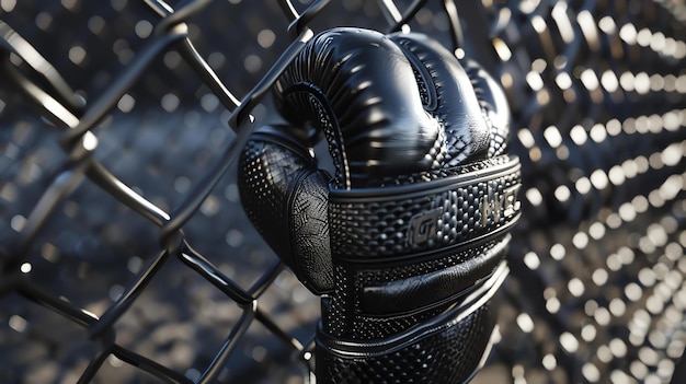 Photo gant de boxe noir suspendu à une clôture en chaîne le gant est en cuir de haute qualité et a une surface réfléchissante brillante
