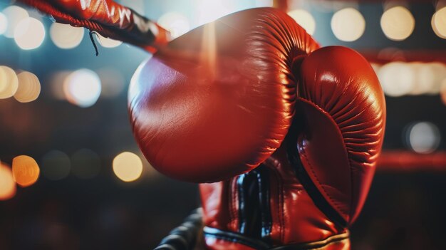 Gant de boxe rouge en gros plan sur le fond d'un ring de boxe