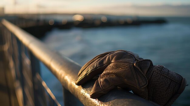 Photo un gant de cuir brun repose sur une balustrade métallique le gant est éclairé par la chaude lumière du soleil au-delà de la balustrade l'océan est calme et calme