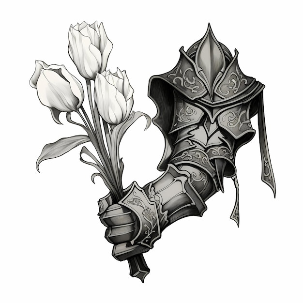 Un gant médiéval tenant des tulipes de perroquet dessin de tatouage noir et blanc dessiné