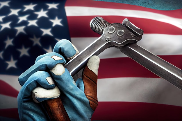 Photo gant de travail usé tenant l'outil clé et agrippant l'ancien drapeau américain usé ai générative