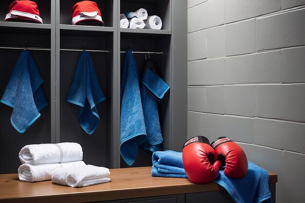 Photo des gants de boxe et une serviette dans le vestiaire.