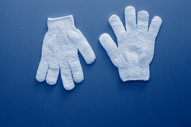 Photo gants exfoliants pour femme à utiliser sous la douche pour le massage et le gommage tonique dans la couleur bleue classique à la mode de l'année 2020.