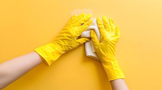 Gants jaunes brillants nettoyage de surface nettoyage au printemps hygiène focus images simples et accrocheuses pour les services de nettoyage IA