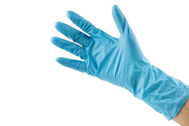 Gants en nitrile latex sur main isolé sur blanc