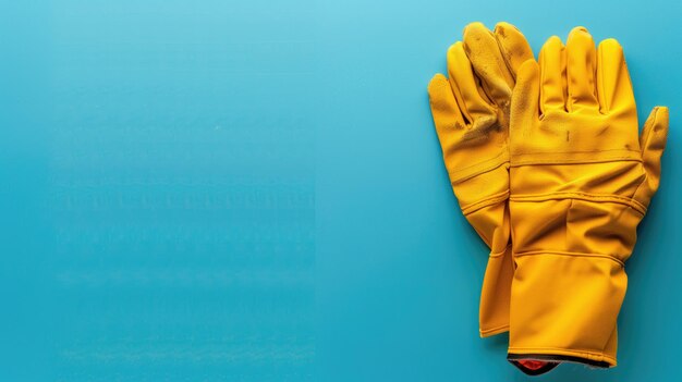 Gants de travail jaune vif disposés sur une surface bleue vibrante