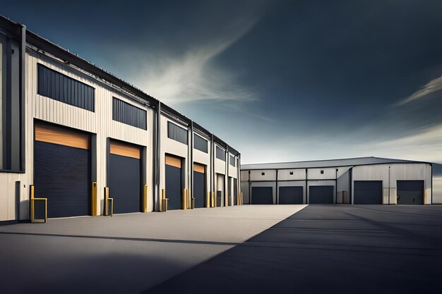 Photo un garage avec un ciel bleu et une porte jaune.