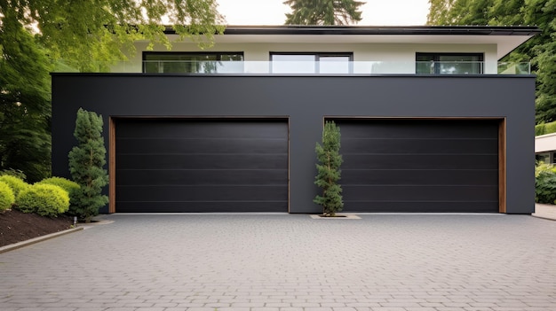 Garage moderne et luxueux avec allée et porte roulante créée avec la technologie Generative AI