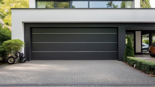 Garage moderne et luxueux avec allée et porte roulante créée avec la technologie Generative AI