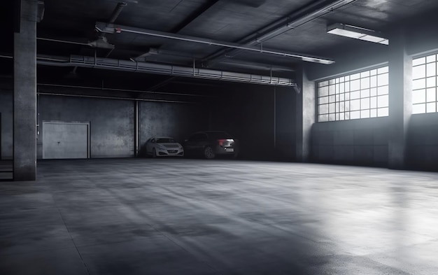 Un garage noir avec une voiture au milieu et une porte au milieu.