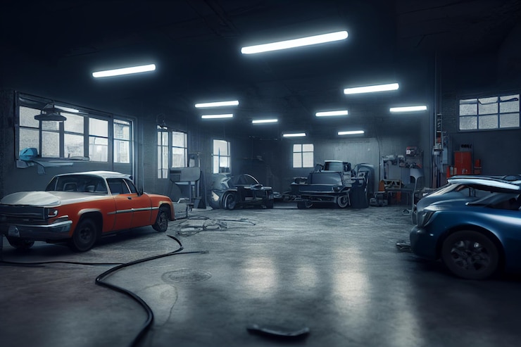 Photo garage de réparation et d'entretien automobile rendu 3d