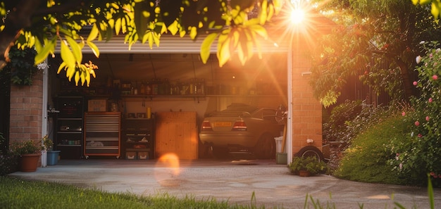 Un garage de voiture confortable avec une toile de fond ensoleillée illustration générée par l'IA