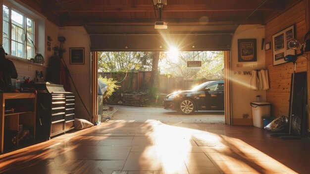 Un garage de voitures confortable baigné par la chaude lumière du soleil illustration générée par l'IA