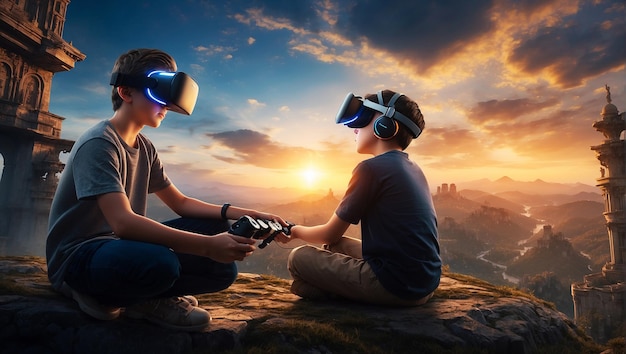 Photo un garçon de 12 ans portant une réalité virtuelle et jouant à playstation 5 avec un autre garçon en réalité virtuelle