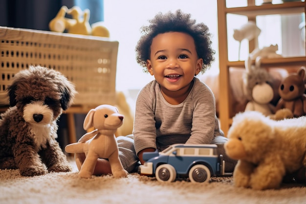 Un garçon de 2 ans jouant dans son salon avec ses poussettes en bois et accompagné de son petit chien Concept d'enfance heureuse à la maison Image créée avec l'IA