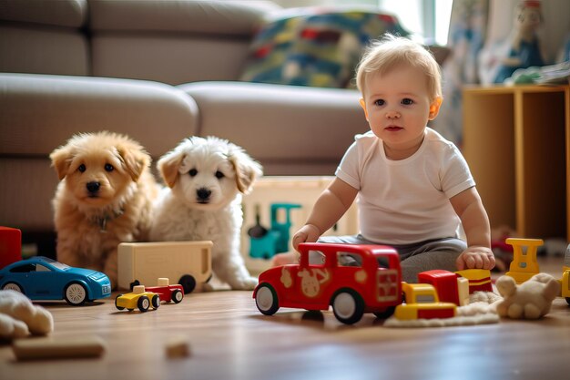 Un garçon de 2 ans jouant dans son salon avec ses poussettes en bois et accompagné de son petit chien Concept d'enfance heureuse à la maison Image créée avec l'IA