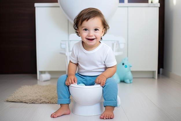 Un garçon de 5 ans utilisant la salle de bain assis sur des toilettes blanches apprenant à le faire seul