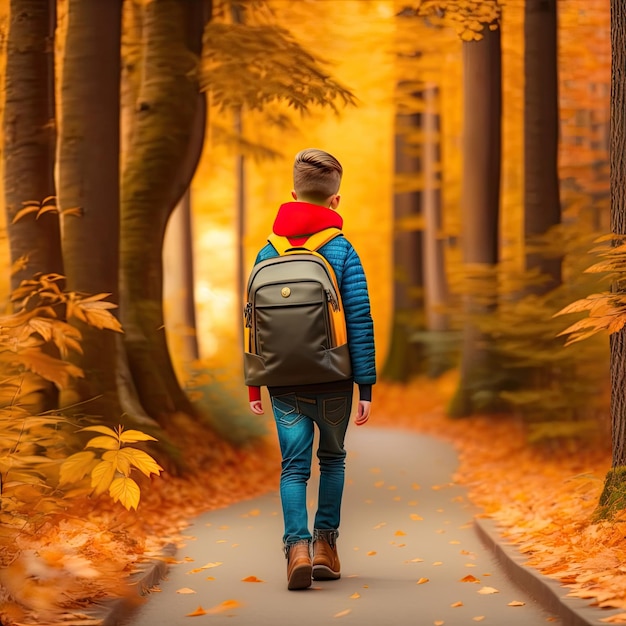 Garçon adolescent avec sac à dos marchant sur le chemin dans le parc d'automne Mode de vie actif Retour à l'école