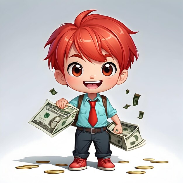 Photo un garçon adorable graphique un enfant avec un sac d'argent une illustration d'enfant mignonne concept d'épargne d'argent un enfant heureux