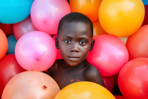 Le garçon africain entoure les ballons Générez Ai