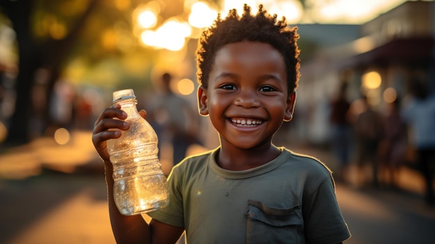 Garçon africain très heureux avec une bouteille d'eau à la main