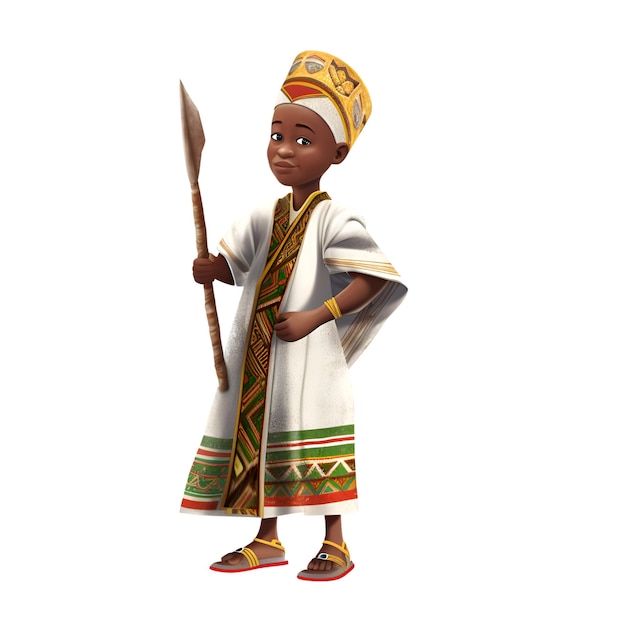 Garçon africain vêtu de vêtements traditionnels avec lance isolé sur blanc illustration 3d
