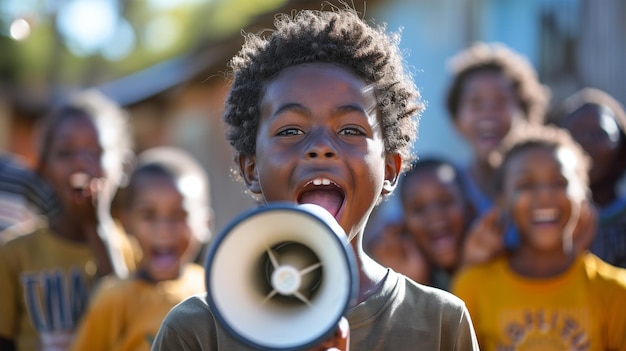 Un garçon afro-américain criant dans un haut-parleur de mégaphone plus d'enfants noirs derrière lui