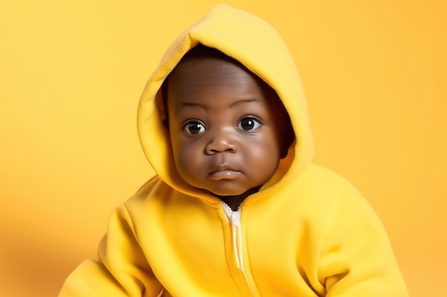 Garçon afro-américain de deux ans en studio à capuche jaune tourné sur fond jaune