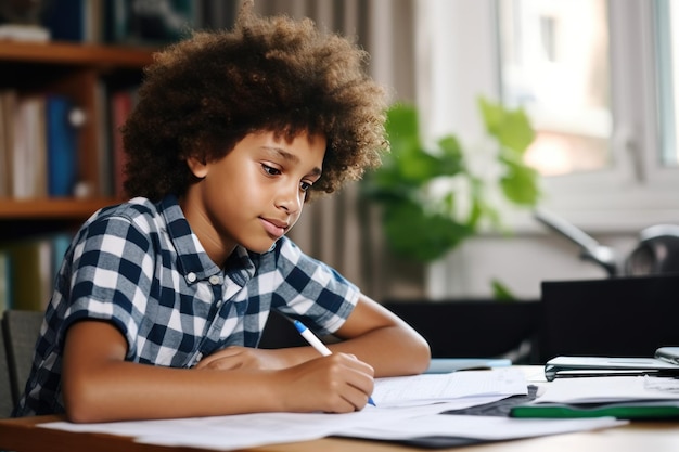 Un garçon afro-américain est assis et fait ses devoirs à la table à la maison