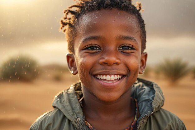 Un garçon afro-américain heureux appréciant la pluie