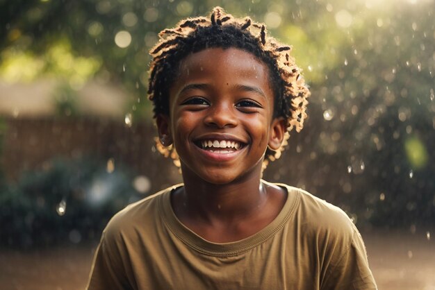 Un garçon afro-américain heureux appréciant la pluie