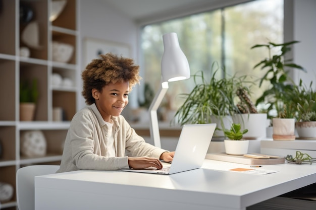 Un garçon afro-américain souriant assis à son bureau avec un ordinateur portable dans une pièce confortable, un enfant noir intelligent faisant ses devoirs, ayant une leçon en ligne, participant à une réunion en ligne avec un tuteur.