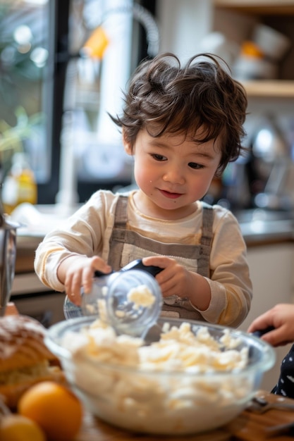 Un garçon aide sa mère à préparer un gâteau avec un mélangeur dans la cuisine à la maison.