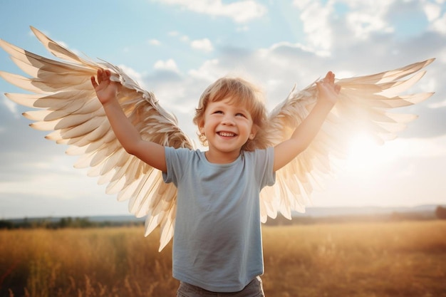 Photo un garçon avec des ailes dans les airs.