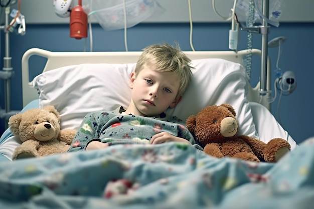 Photo un garçon allongé dans un lit d'hôpital avec deux animaux en peluche.