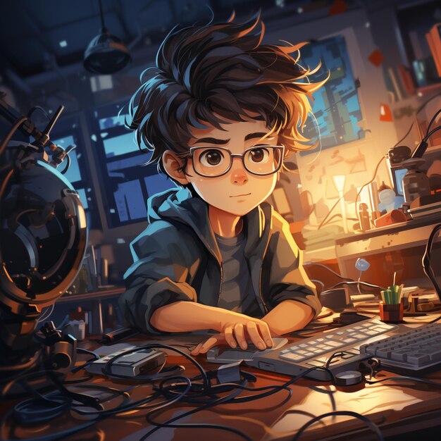 Photo un garçon d'anime assis à un bureau avec un clavier et une souris
