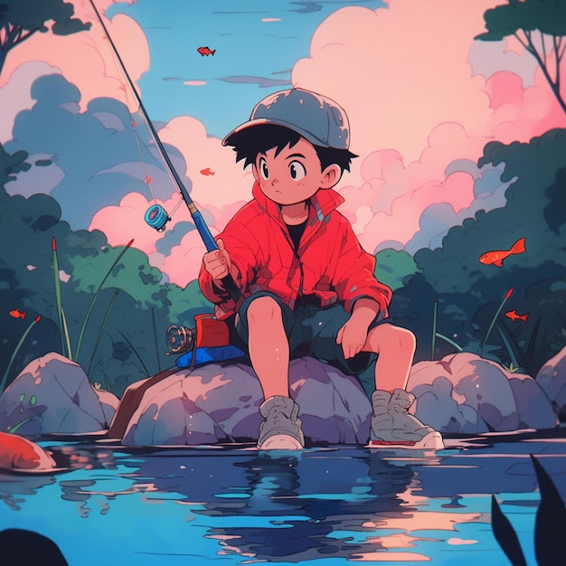 Photo un garçon d'anime assis sur un rocher pêchant dans un étang
