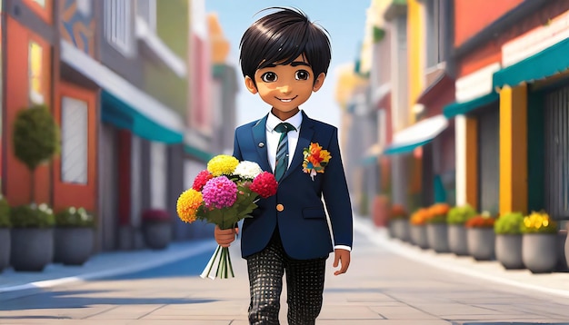 Un garçon d'anime porte un costume avec des fleurs à la main et marche dans la rue.