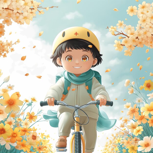 un garçon d'anime qui fait du vélo dans un champ de fleurs