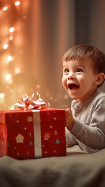 Un garçon d'anniversaire ravi dénoue une grande boîte-cadeau, son excitation s'accumule à chaque instant qui passe