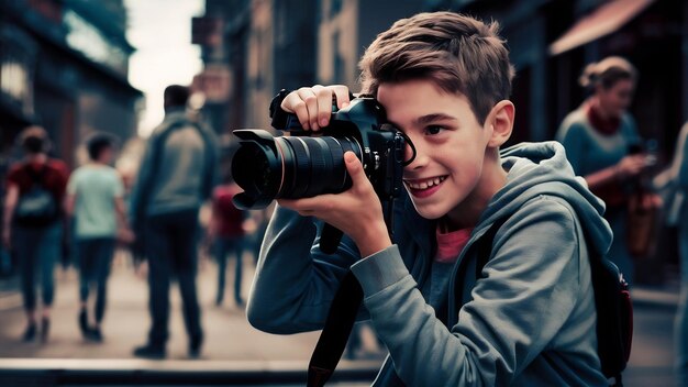 Un garçon avec un appareil photo DSLR qui photographie un adolescent avec un appareil photographique qui prend des photos