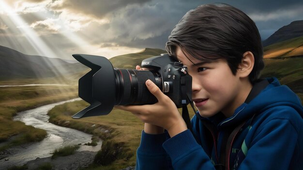 Un garçon avec un appareil photo DSLR qui photographie un adolescent avec un appareil photographique qui prend des photos