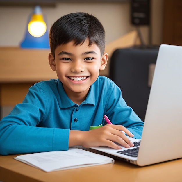 un garçon apprenant avec un ordinateur portable généré par l'IA