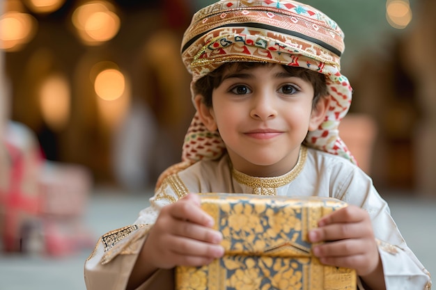 Un garçon arabe en turban tient une boîte à cadeaux.