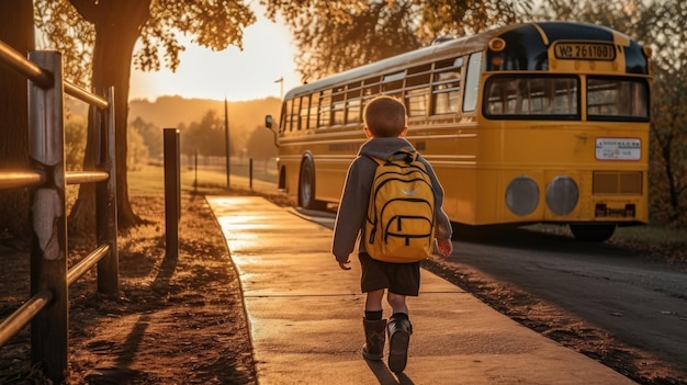 Un garçon arrive à son bus pour aller à l'école.