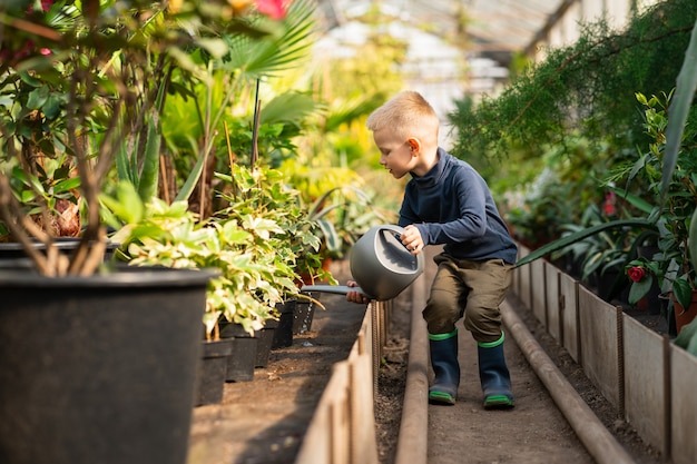 Garçon arrosant des plantes de pots de fleurs dans une serre