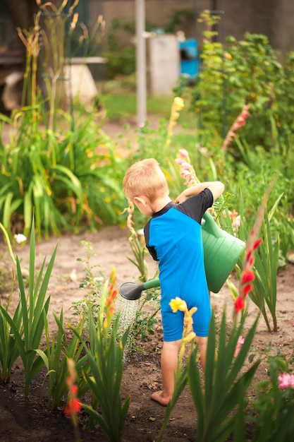 Un garçon arrose des fleurs et un potager avec un arrosoir.