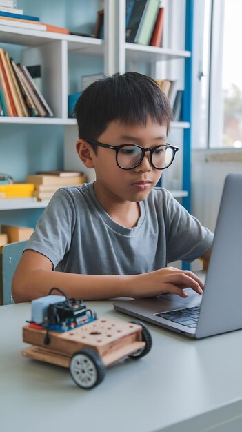 Un garçon asiatique apprend à coder et à programmer avec un ordinateur portable pour une voiture robot Arduino